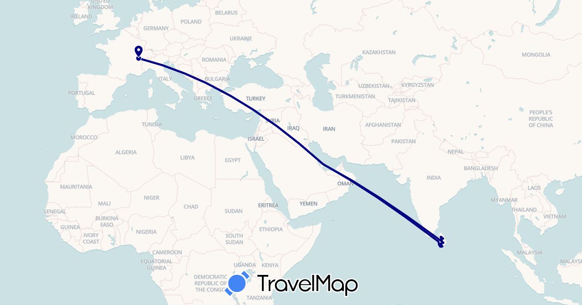 TravelMap itinerary: driving, plane in Switzerland, Sri Lanka, Qatar (Asia, Europe)